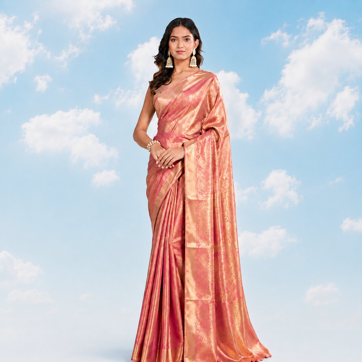 Model wearing a rose-pink Kanjivaram silk saree with a gold zari border