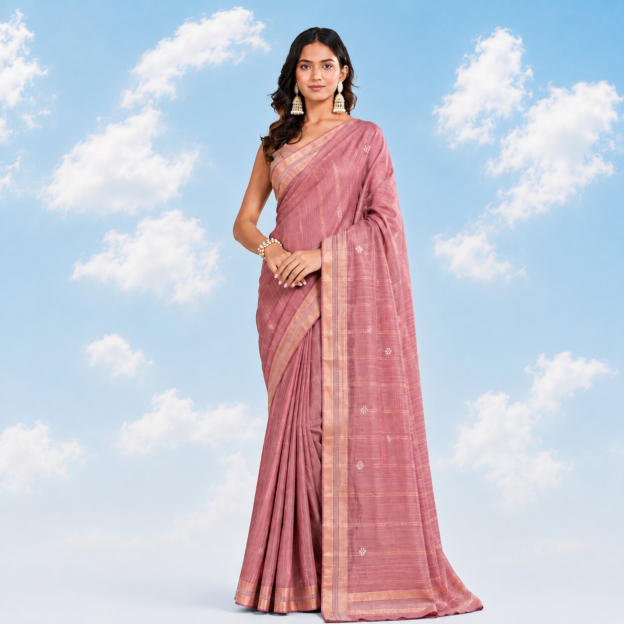 Model wearing a dusty mauve-pink handloom cotton saree